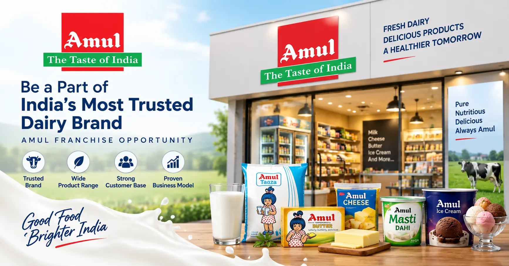 Amul franchise opportunity banner featuring an Amul store and dairy products