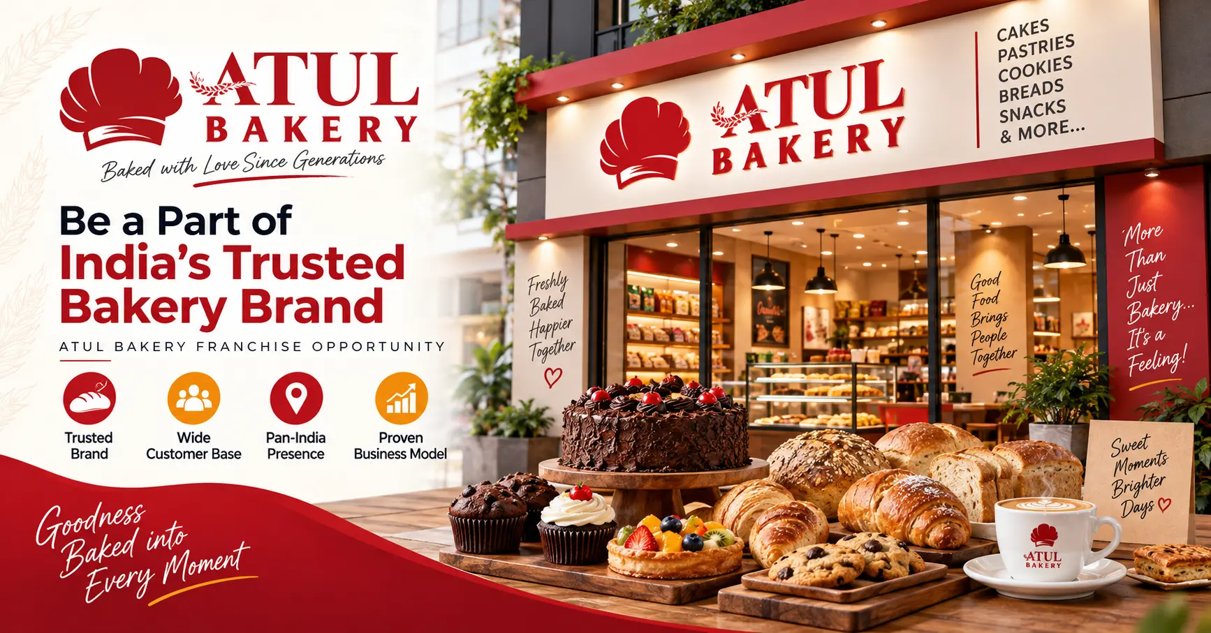 Atul Bakery storefront with cakes, pastries and baked snacks displayed, representing the Atul Bakery franchise opportunity in India