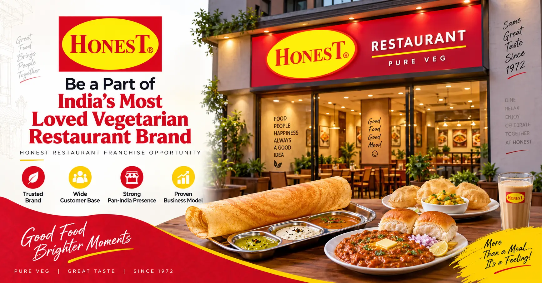 Honest Restaurant franchise opportunity banner featuring a restaurant and vegetarian Indian food