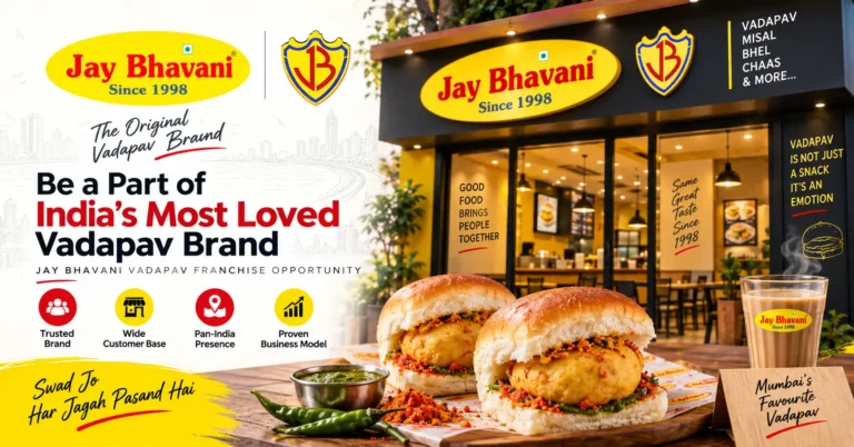 Jay Bhavani Vadapav franchise opportunity banner featuring a store and vadapav