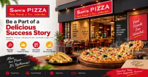 Sam's Pizza franchise opportunity banner featuring a pizza restaurant and freshly prepared pizza