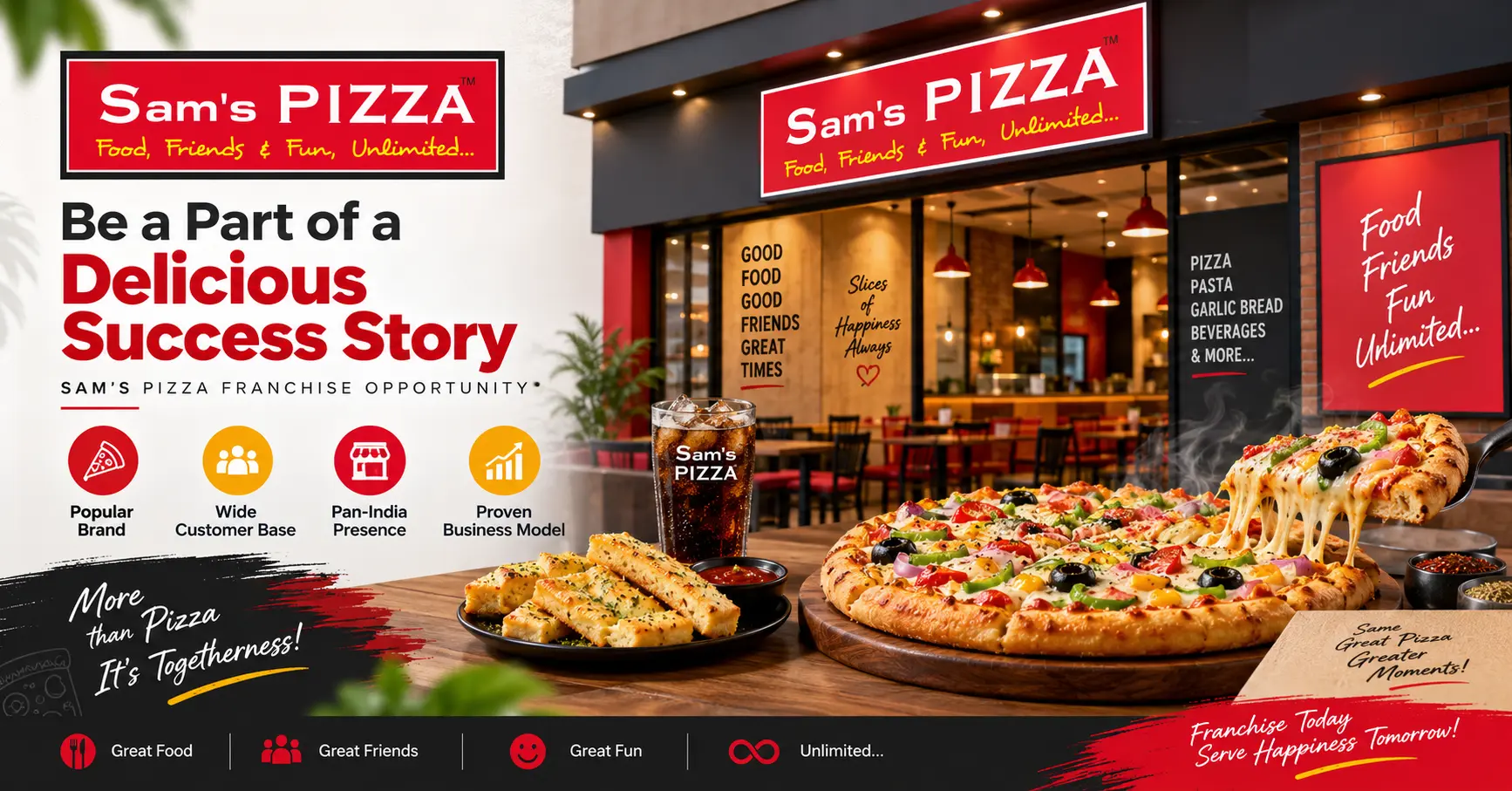 Sam's Pizza franchise opportunity banner featuring a pizza restaurant and freshly prepared pizza