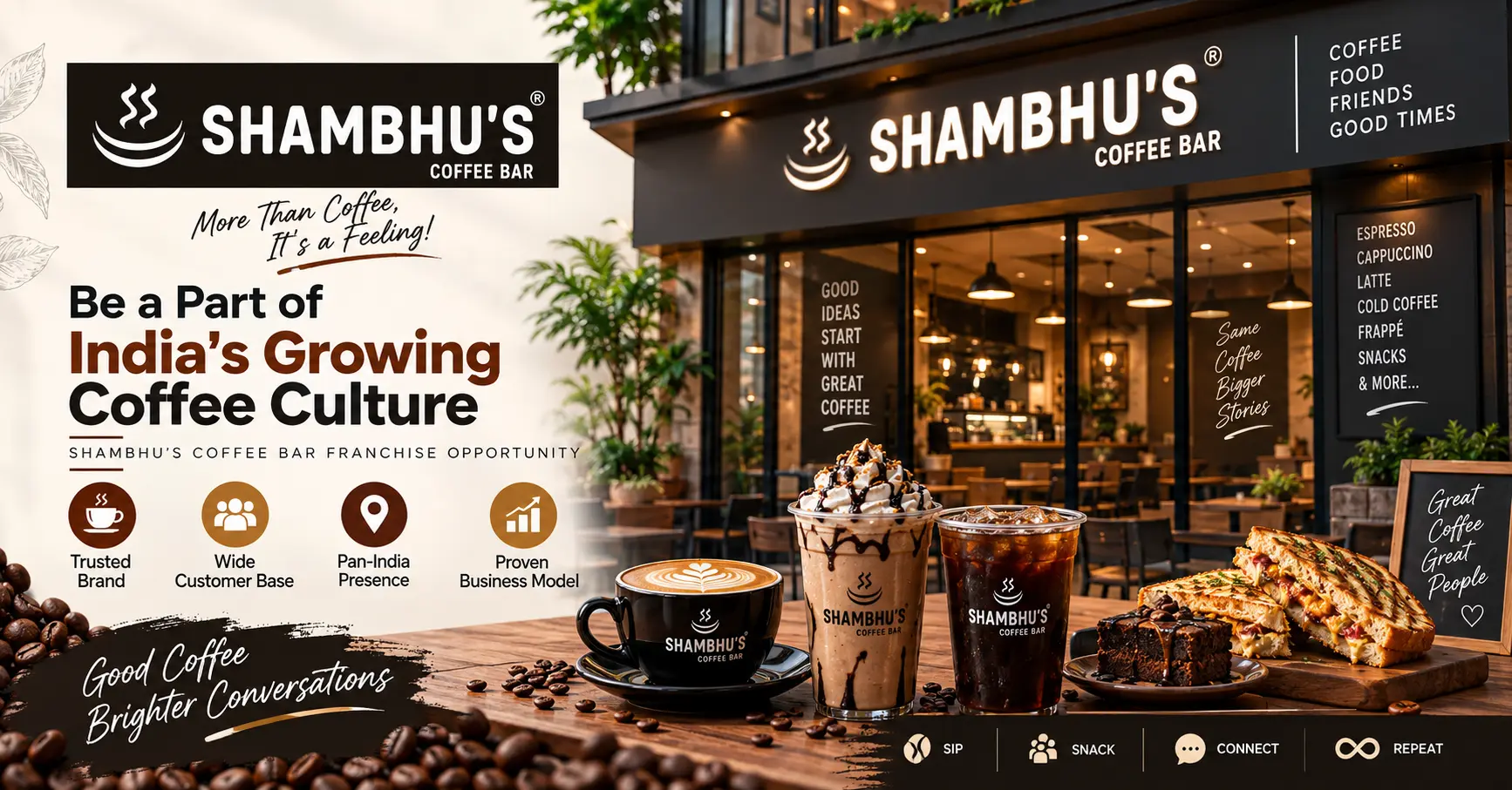 Shambhu’s Coffee Bar café serving cold coffee and snacks, representing the Shambhu’s Coffee Bar franchise opportunity in India