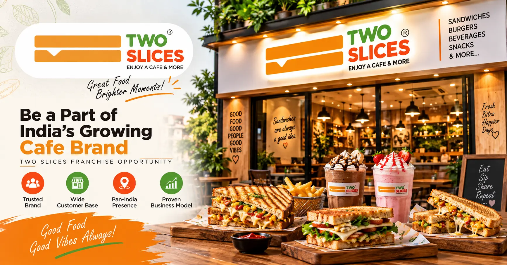 Two Slices sandwich franchise outlet serving grilled sandwiches, wraps, fries and affordable snacks in Gujarat
